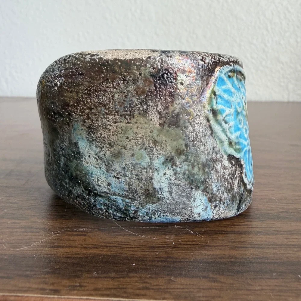 Wide Pottery Cuff Bracelet Ceramic Bangle Turquoise Butterfly Patina Boho NICE